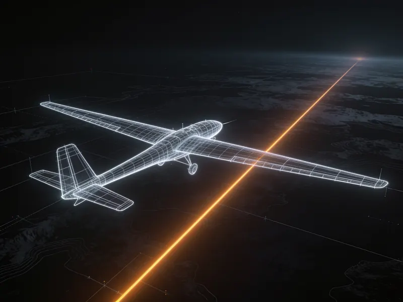 Abstract rendering of a long-wing aircraft tracing a long amber line.