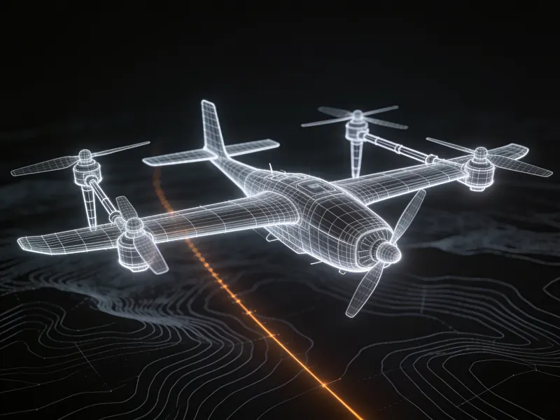 Abstract rendering of a fixed-wing VTOL aircraft over contour lines.