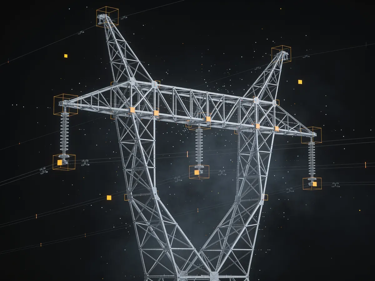 Abstract rendering: a wireframe lattice tower scanned by amber detection markers.