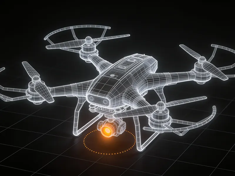 Abstract rendering of a compact quadcopter outlined in light.