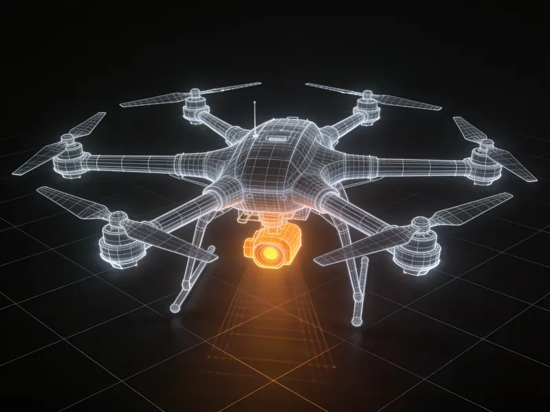 Abstract rendering of a heavy hexacopter with a sensor gimbal.